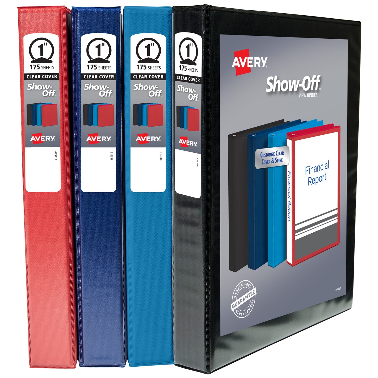 Avery Show-Off Standard View 3 Ring Binder, 1" Round Rings, 175-Sheet Capacity, 1.4 Inch Wide Spine, Color Will Vary (Black, Light Blue, Navy Blue, or Red), Ideal for Lightweight Organization and Occasional Referencing (12789)